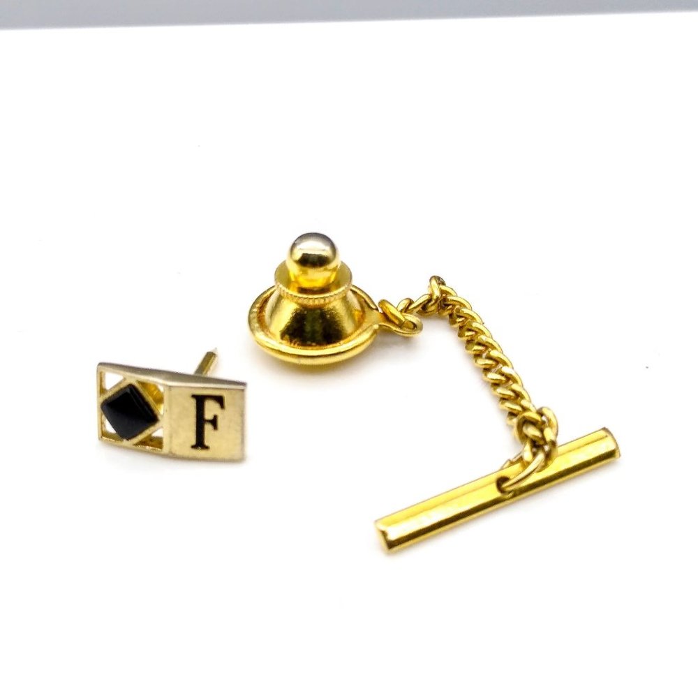 Vintage Initial Tie Tack with Black Square, Monogram Letter F Pin, Gold Tone